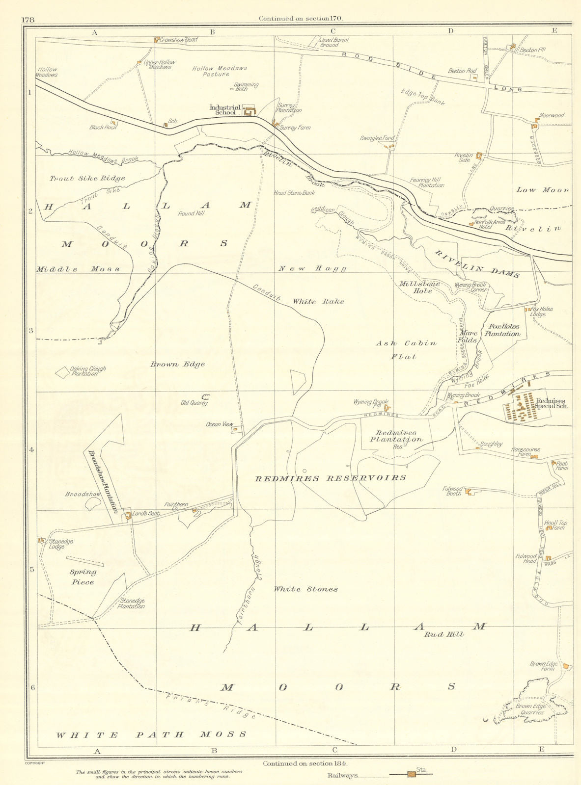 YORKSHIRE Hallam Moors Redmires reservoir Swinglee Ford Hollow Meadows 1935 map